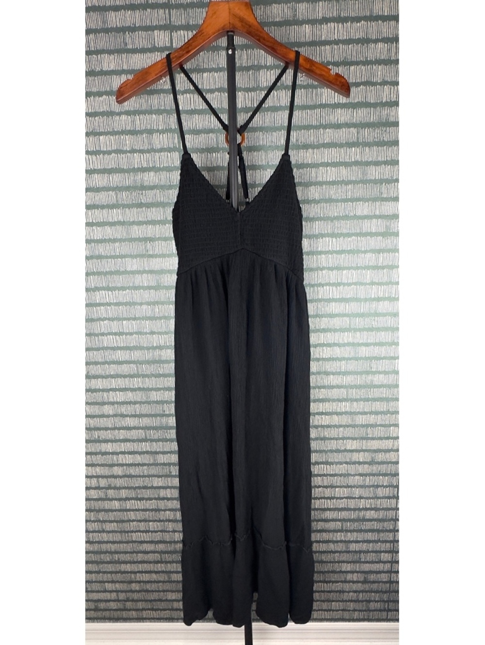 Almost Famous Black Maxi Dress L Smocked Strappy Boho Tiered Summer Dress